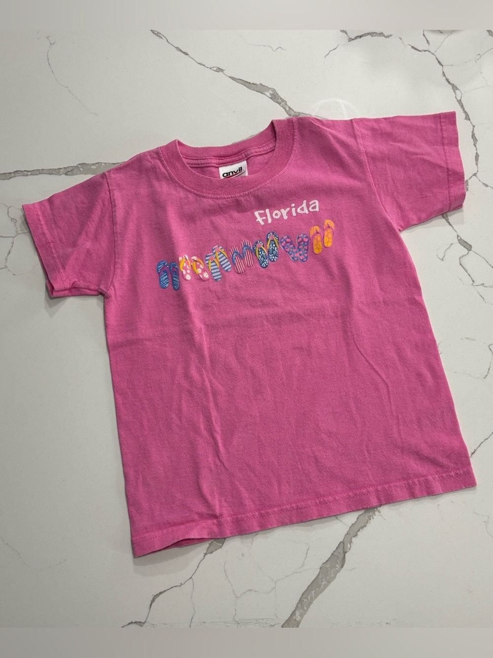 Bright Pink Flip Flop Florida Short Sleeve Youth T-Shirt Pink Crewneck Girls XS